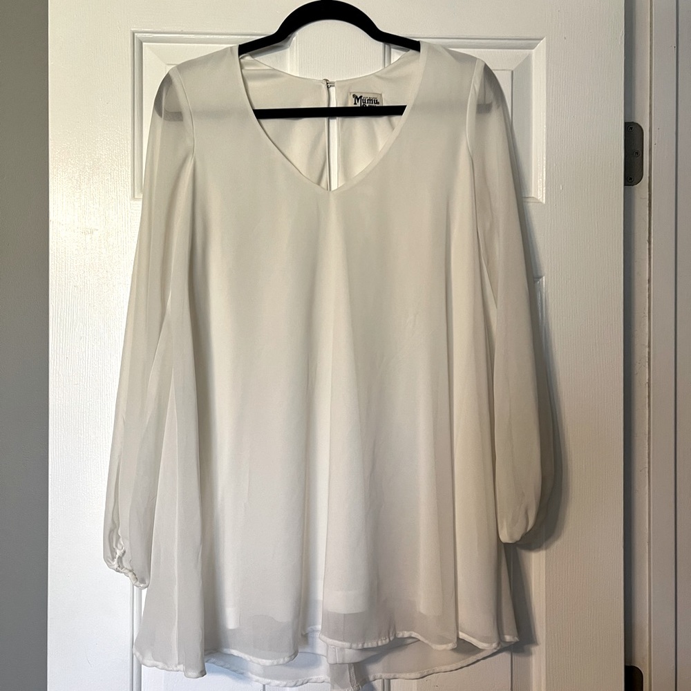 Show me your mumu small white long sleeve sheer v neck dress mini lined button